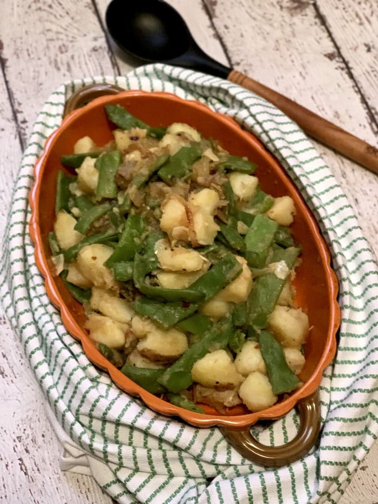 Italian Green Beans and Potatoes Finished in Platter with Spoon