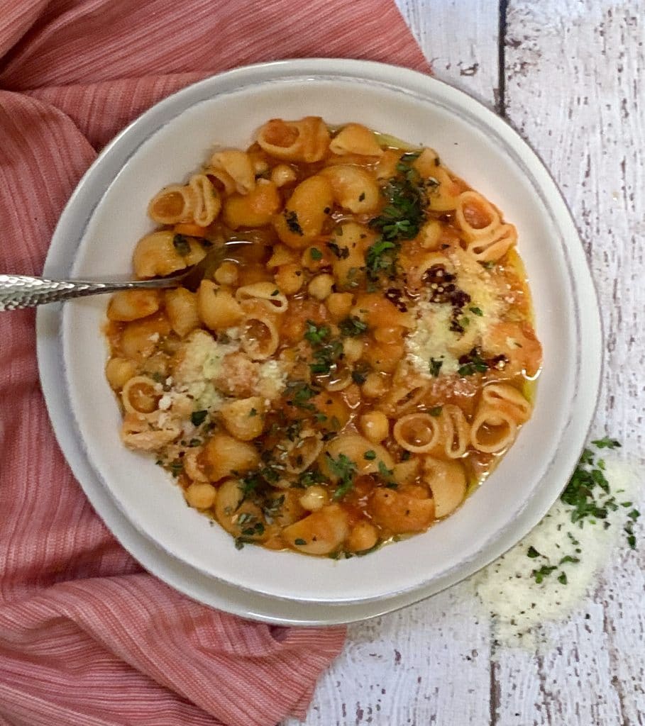 Pasta with Chickpeas In Bowl with Spoon