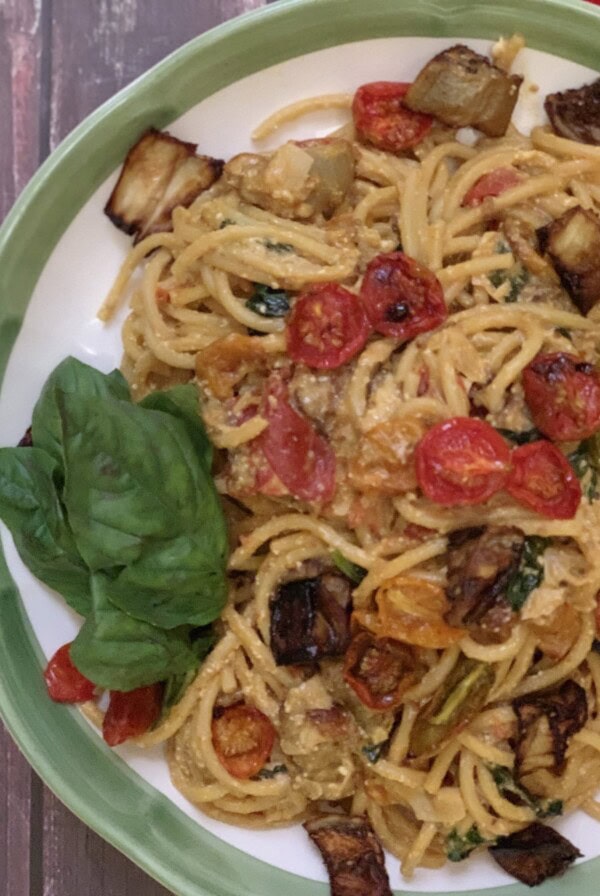 Bucatini with Ricotta, Slow-Roasted Eggplant and Tomatoes
