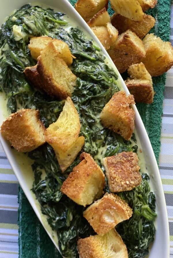 Creamed Spinach with Croutons Finished in Platter