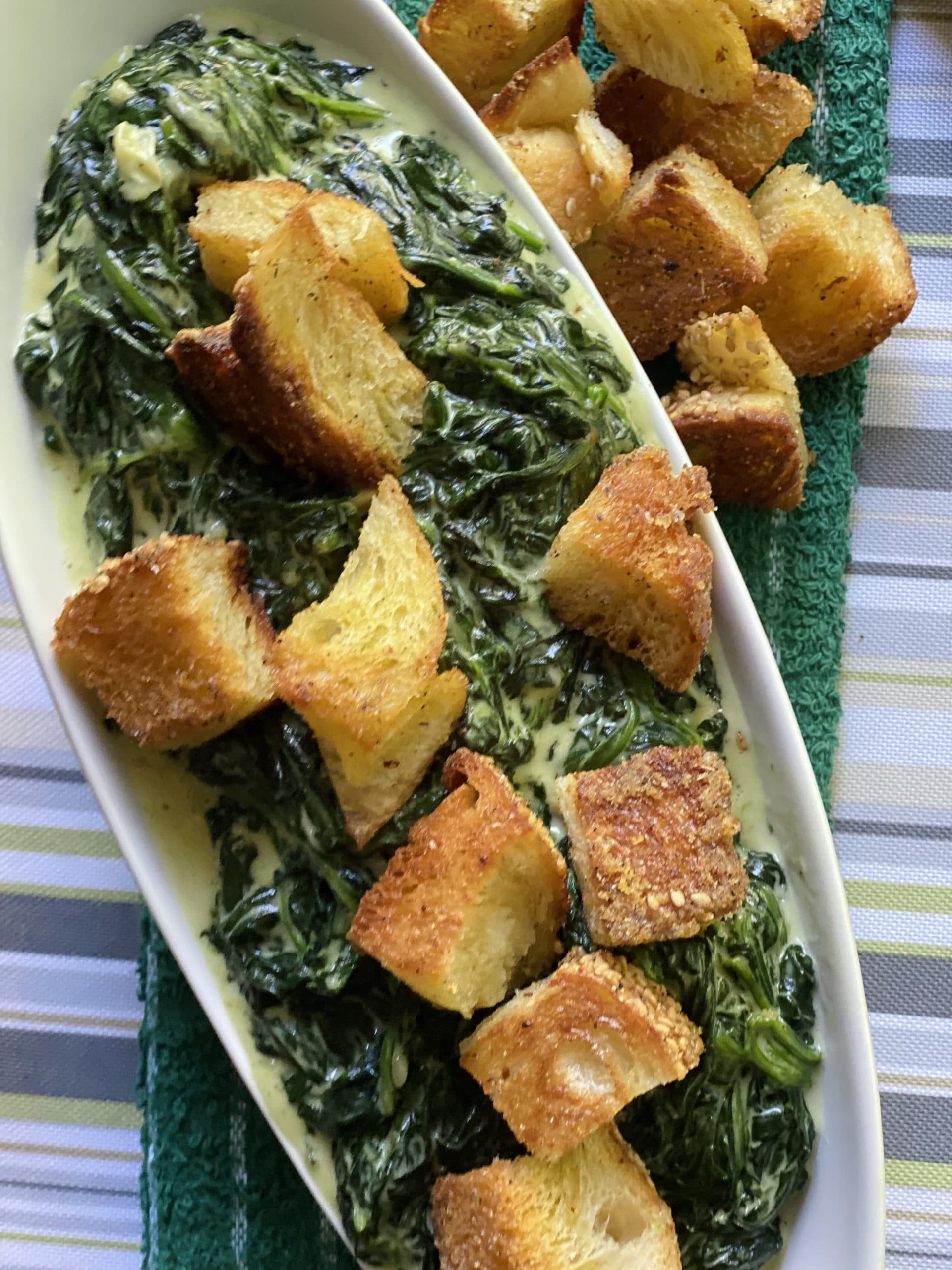 Creamed Spinach with Croutons Finished in Platter