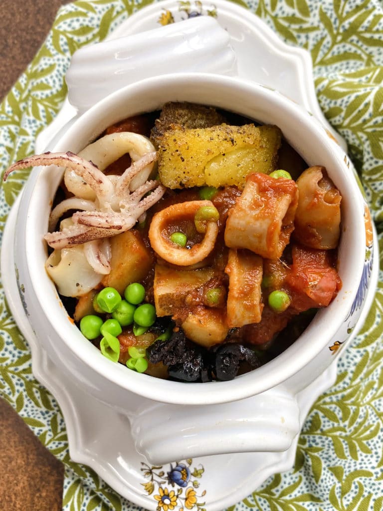 Calamari, Potato and Peas-In Ceramic Bowl