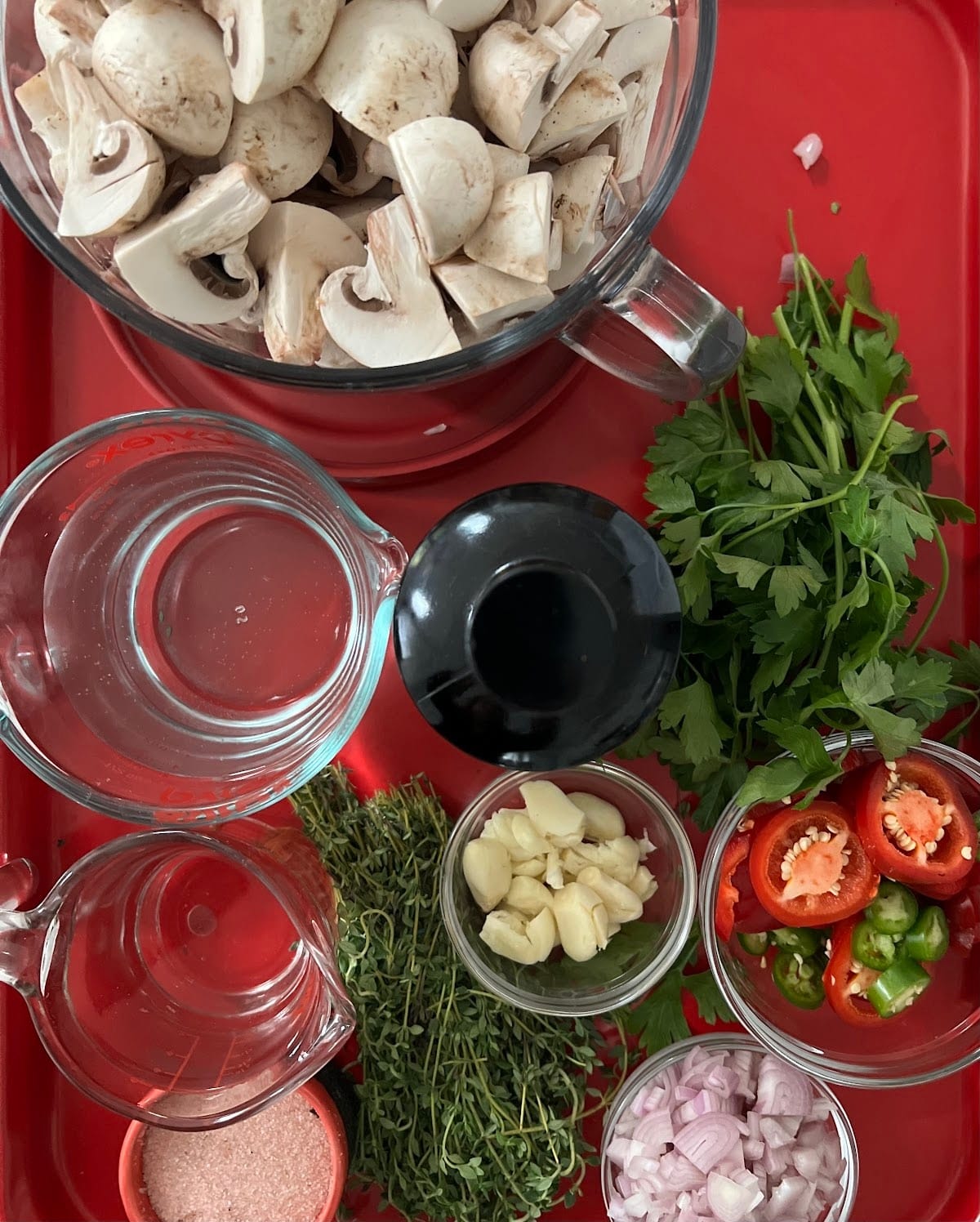 Spicy Italian Marinated Mushrooms Ingredients Overhead