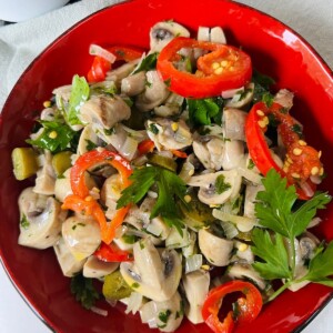Spicy Italian Pickled Mushrooms Finished and Styled in Bowl.