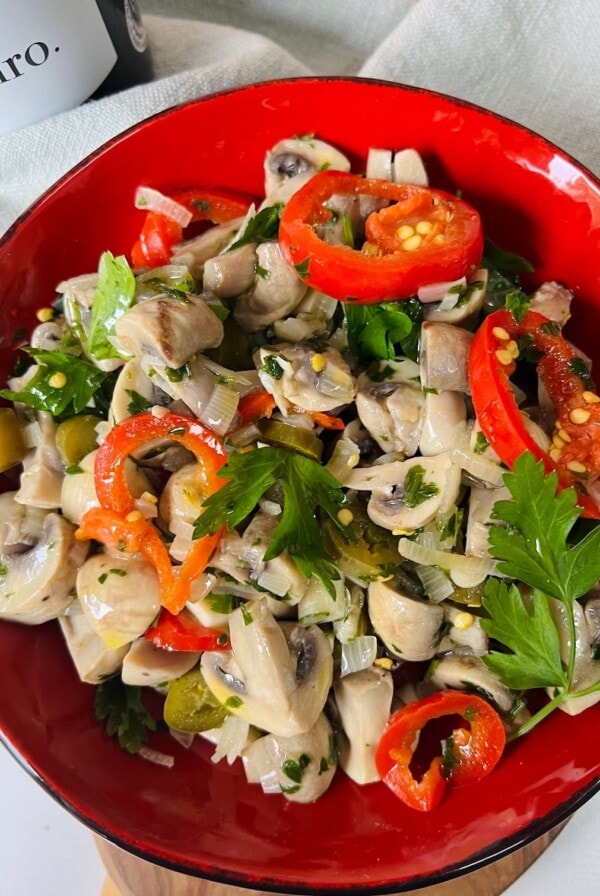 Spicy Italian Pickled Mushrooms Finished and Styled in Bowl.
