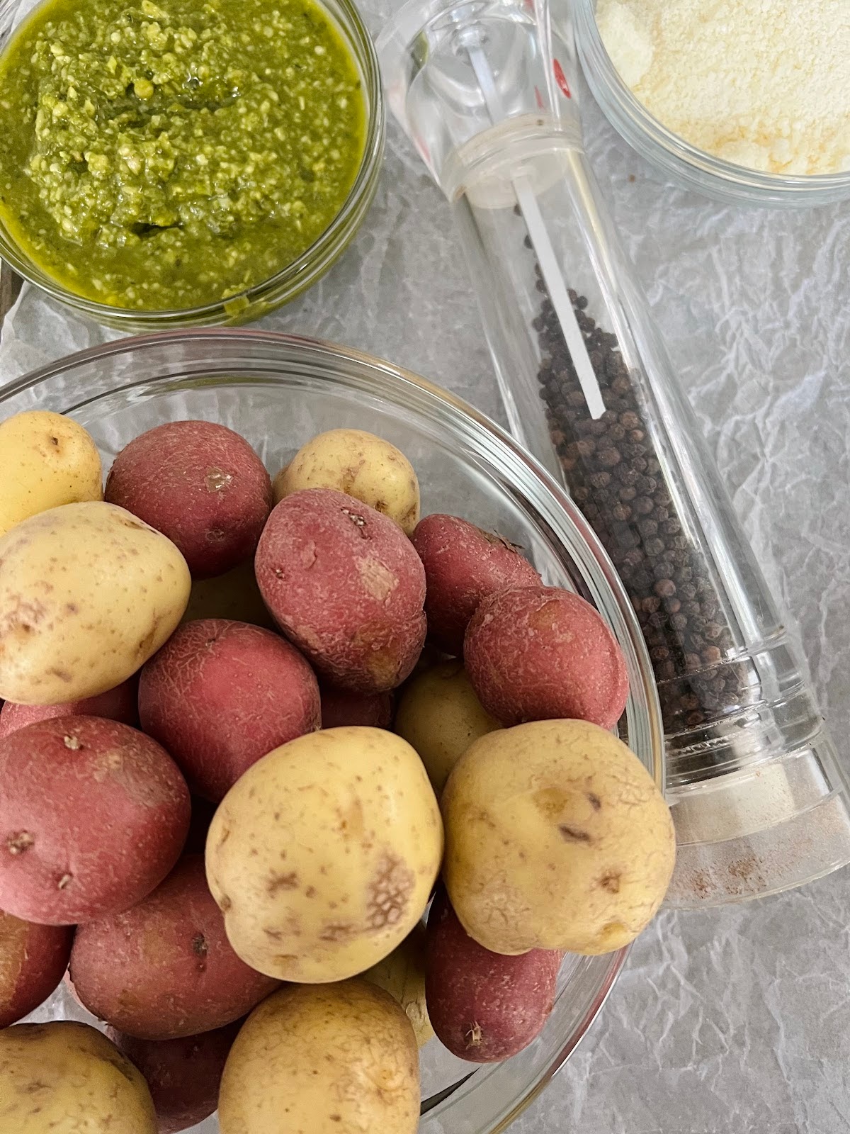 Ingredients for Pesto Roasted Potatoes.
