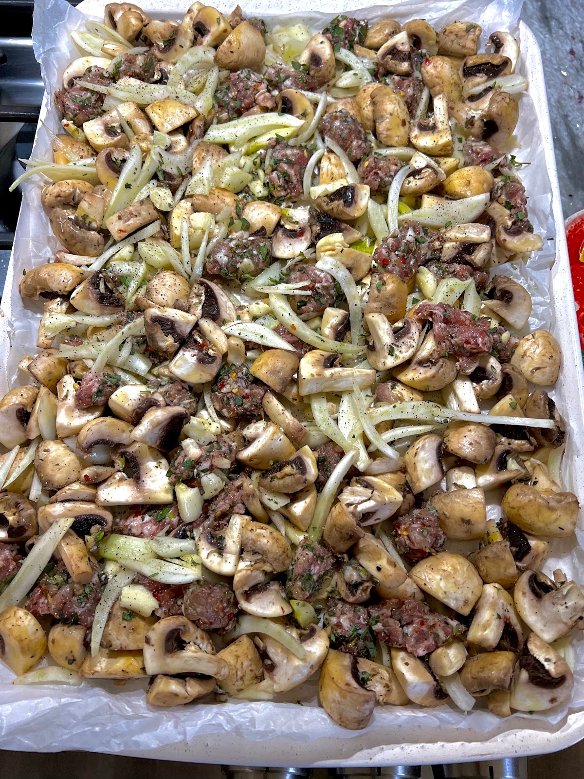Sausage Mushrooms Fennel On Sheet Pan.