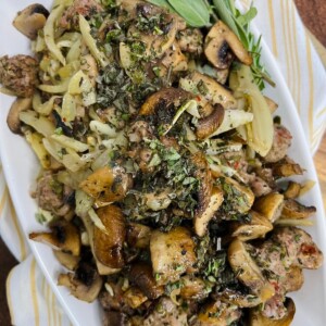 Sausage with Mushrooms and Fennel Finished In Bowl.