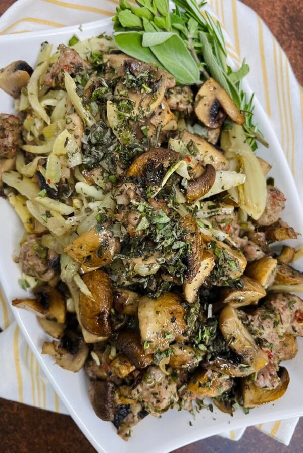 Sausage with Mushrooms and Fennel Finished In Bowl.