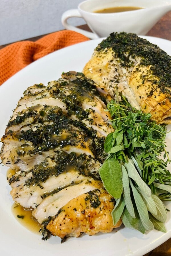 Boneless Turkey Breast with Herb Butter Styled Photo with Gravy.