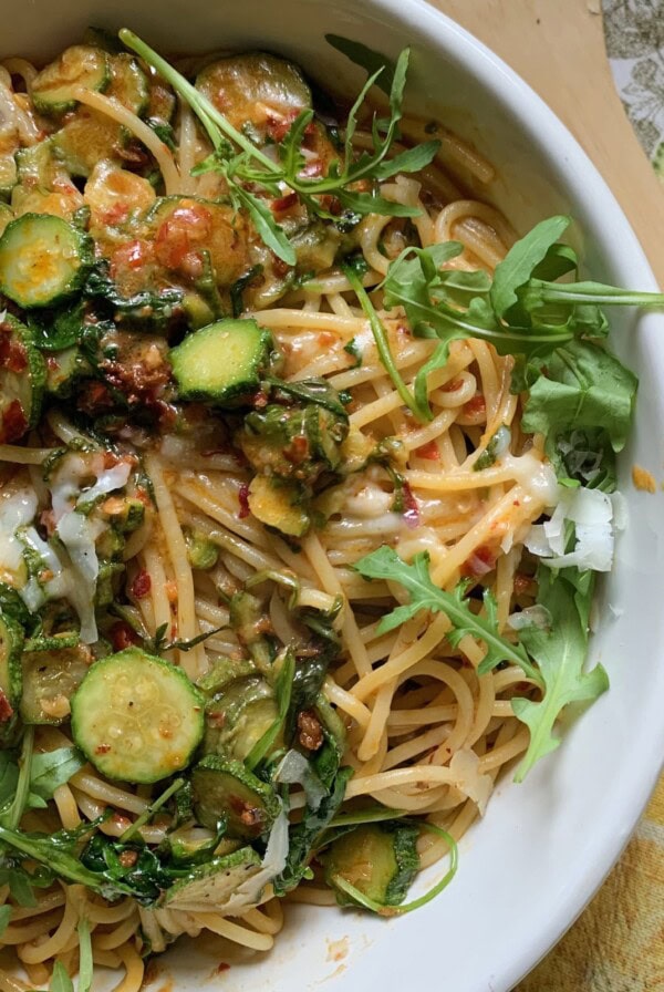 Spaghetti with Nduja Sauce finished in bowl overhead view.