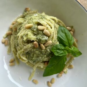 Styled portion of Pasta al Pesto.