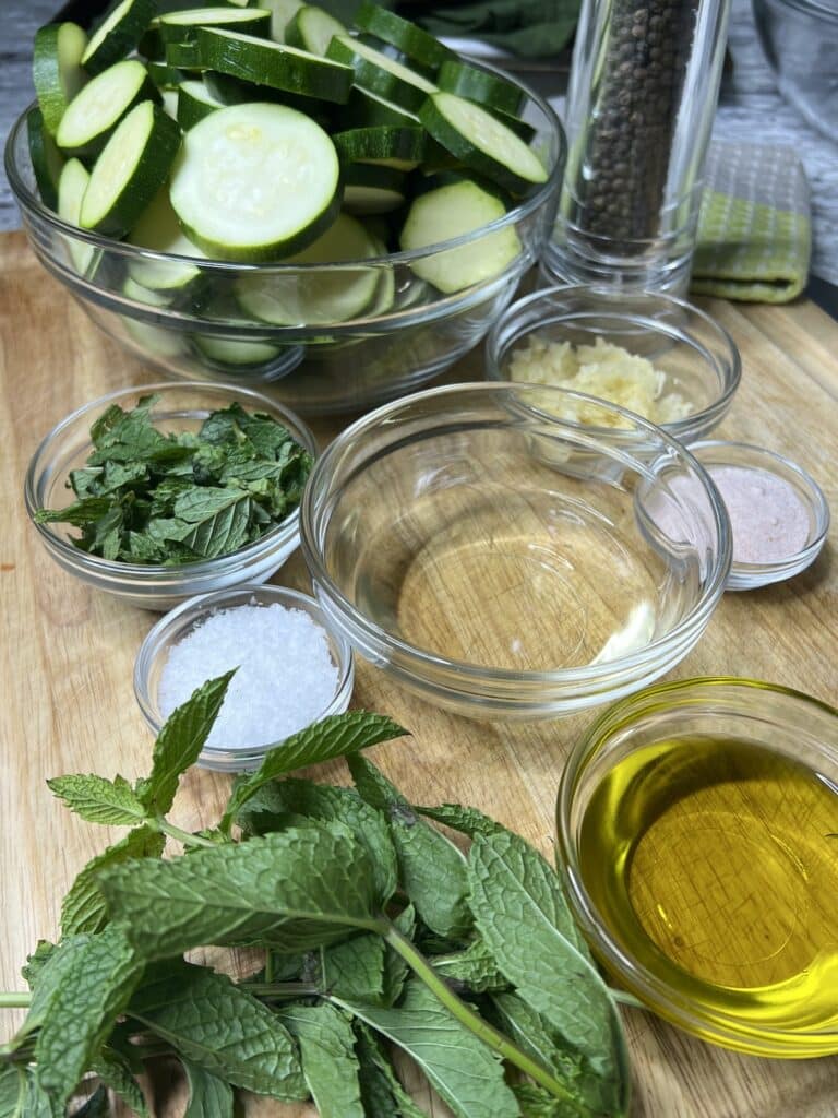 Prepped ingredients for zucchini alla scapece.