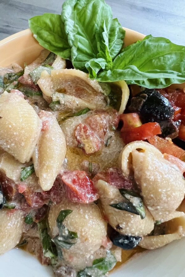 Finished and styled pasta all checca in pasta bowl with basil garnish.