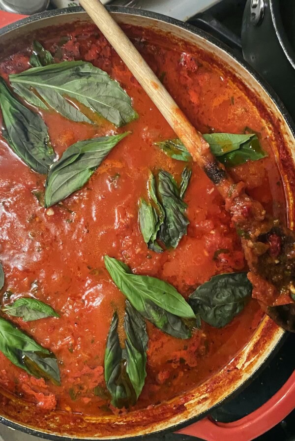 Pot of sugo recipe topped off with fresh basil leaves with wooden spoon.