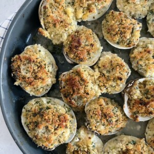 Finished Clams Oreganata in gray dish.