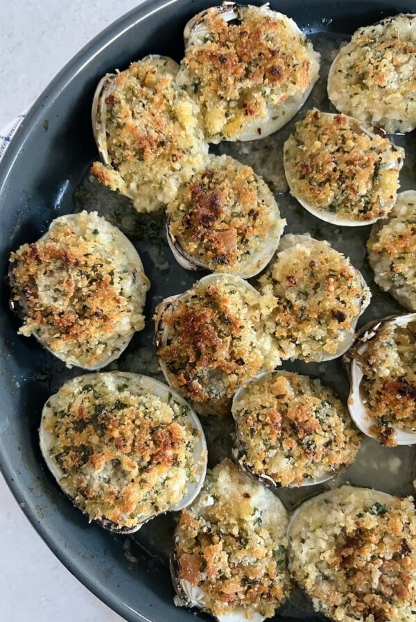 Finished Clams Oreganata in gray dish.