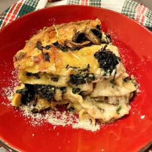 Piece of finished Vegetable Lasagna with Bechamel on red plate.