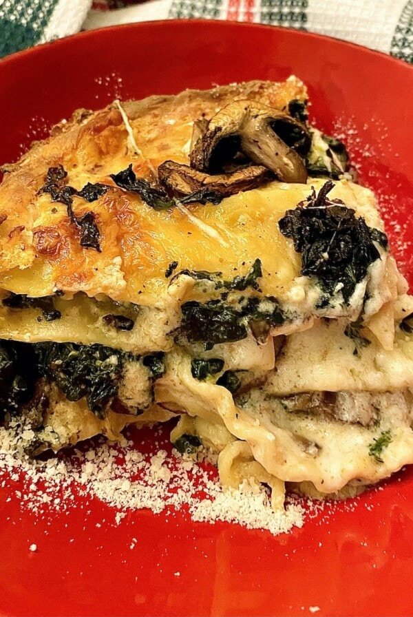 Piece of finished Vegetable Lasagna with Bechamel on red plate.