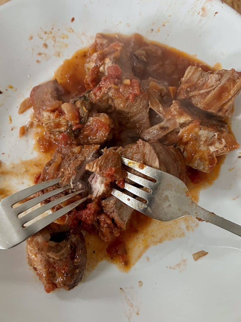 Pulling/shredding pork into pieces on a plate with two forks.