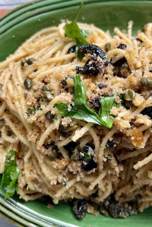 St Joseph's Pasta in green platter with parsley garnish.