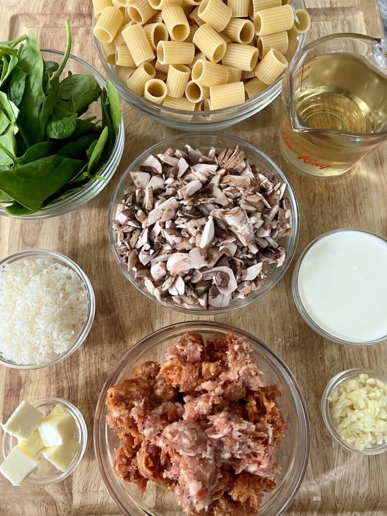 Prepped ingredients for pasta alla norcina.