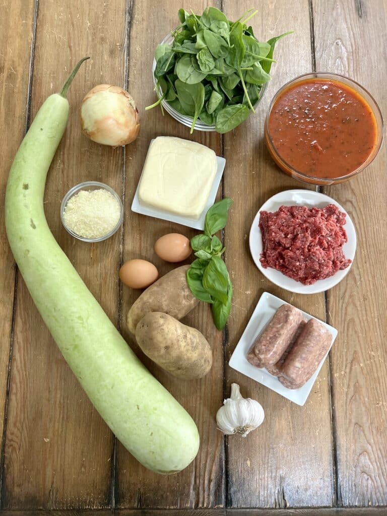 All ingredients for stuffed cucuzza squash recipe.