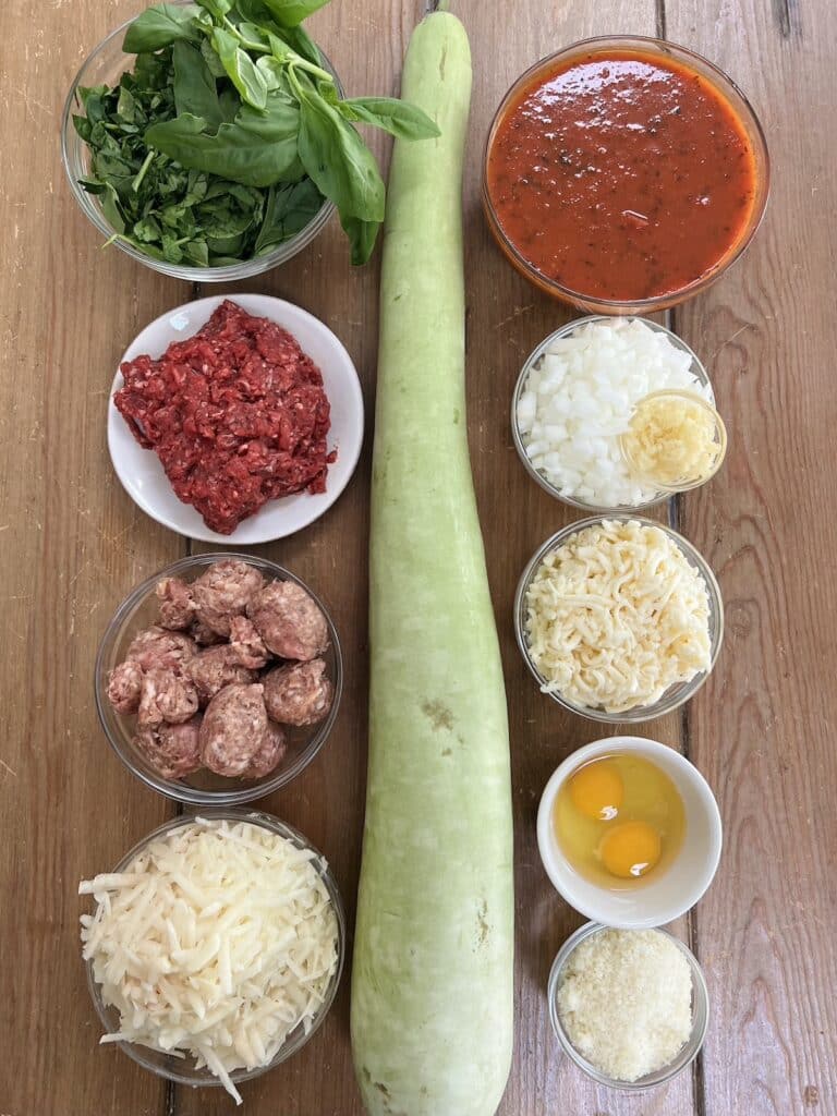 Prepped ingredients for stuffed cucuzza squash recipe.