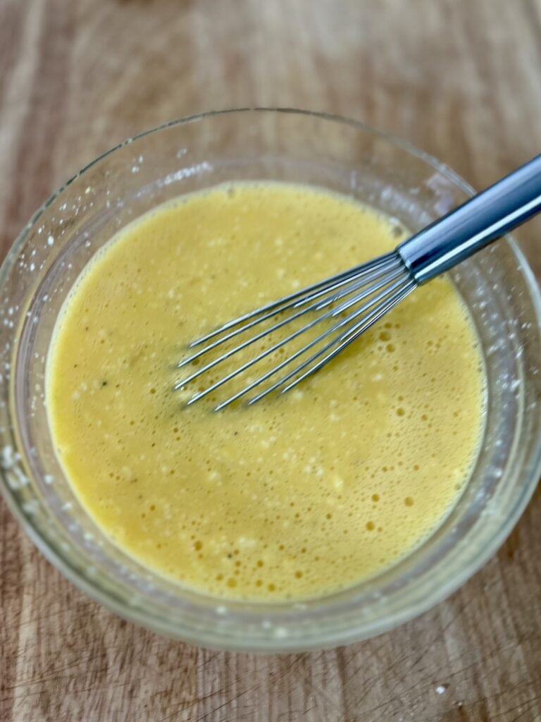 The finished egg mixture for asparagus and eggs.