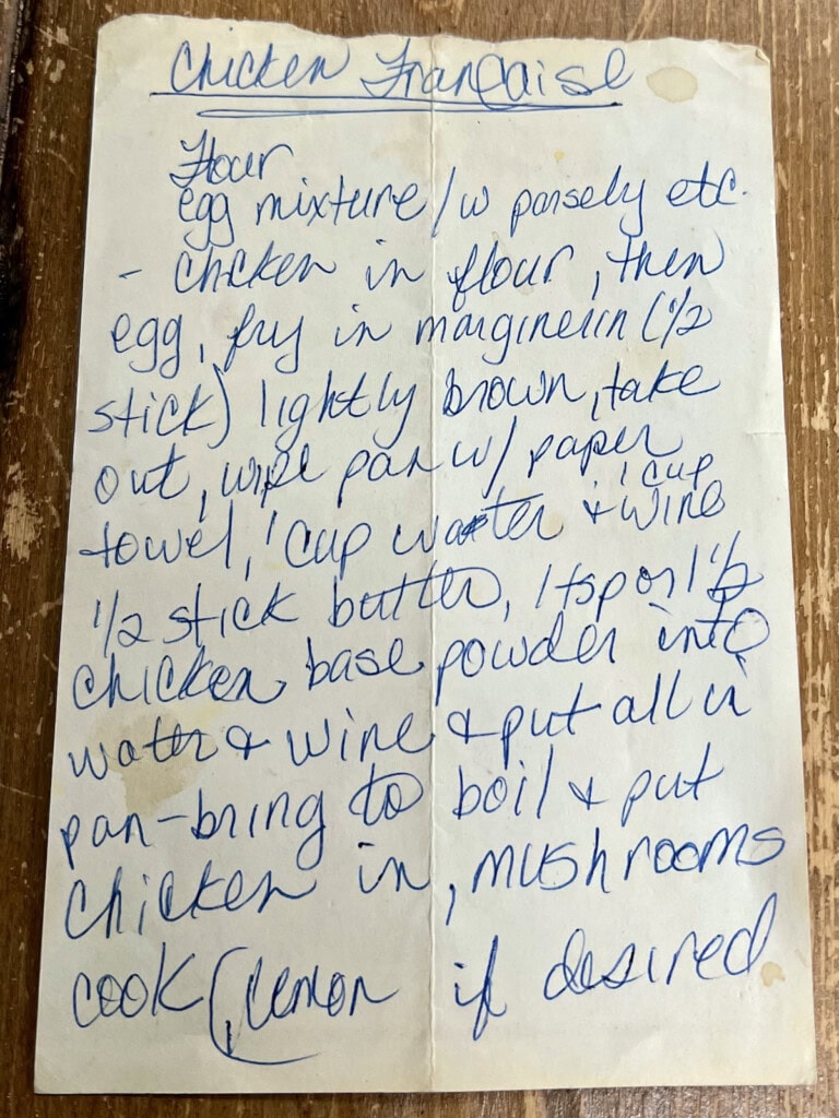 Original handwritten chicken francaise recipe from years ago.