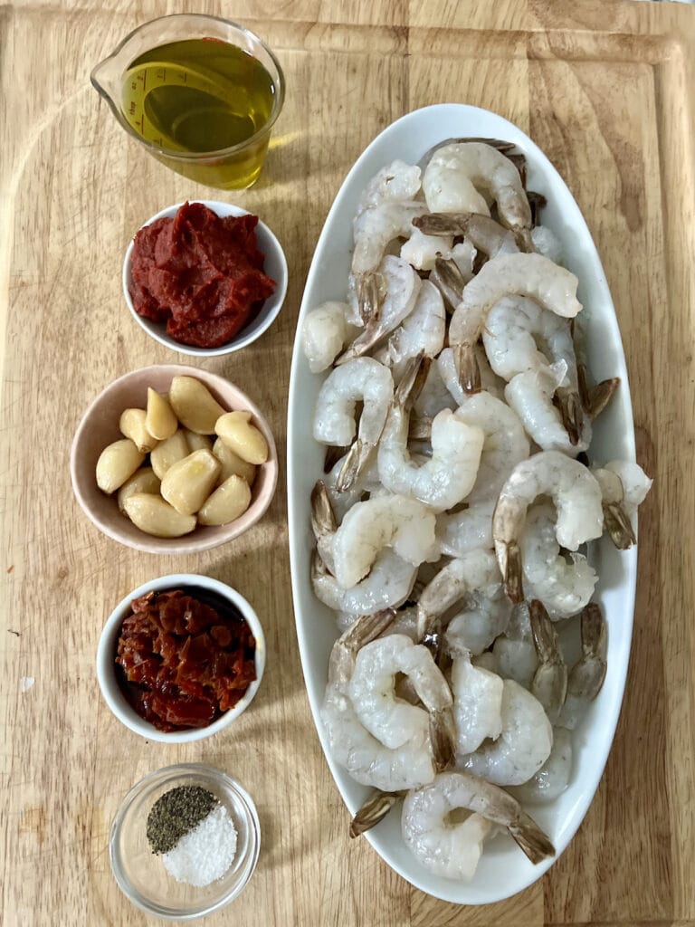 All recipe ingredients on cutting board.