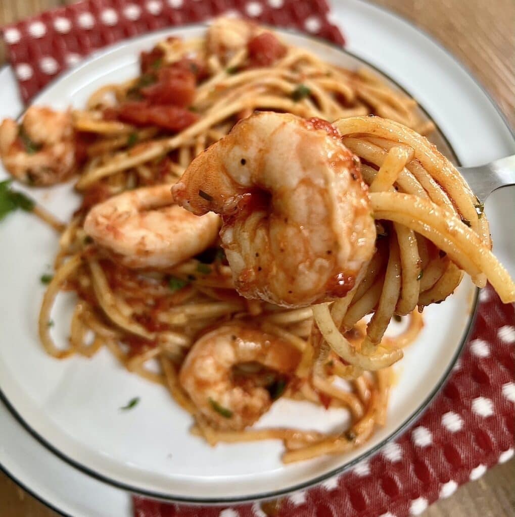Close up of spicy shrimp marinara with spaghetti on fork.
