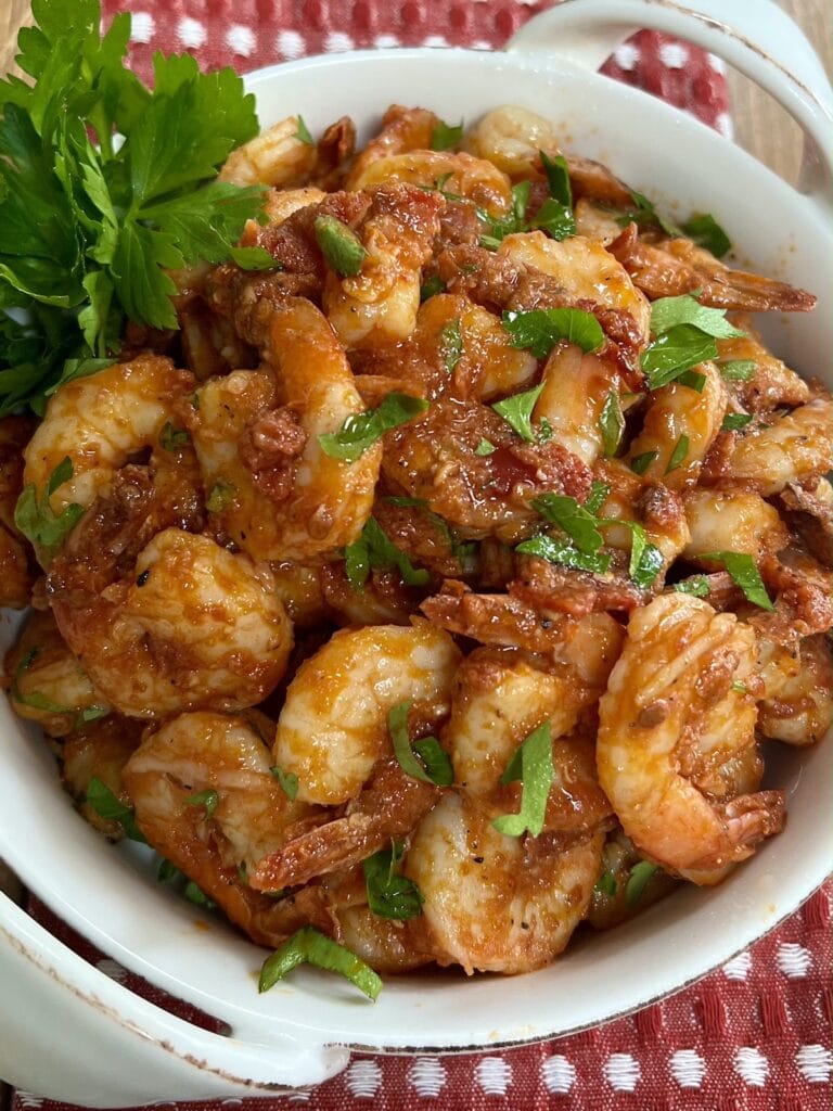 Finished Shrimp Fra Diavolo Recipe in white serving dish with parsley garnishl