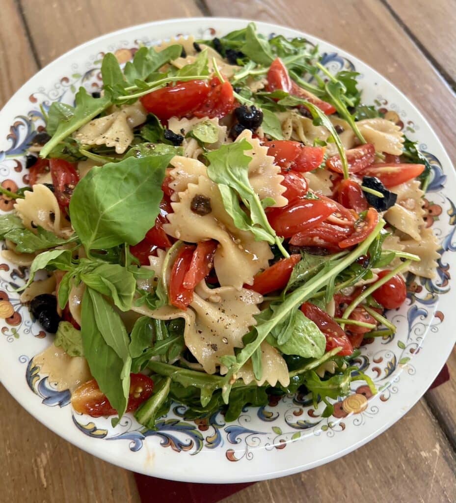 Italian Bowtie Pasta Salad in decorative bowl.