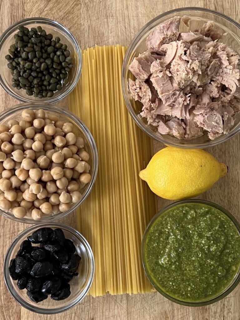 All recipe ingredients on cutting board.