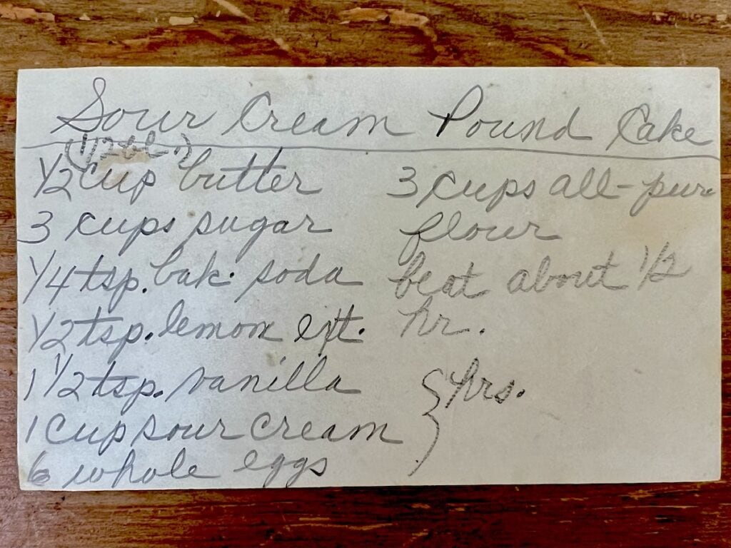 My mom's original sour cream pound cake recipe in her handwriting-side 1.