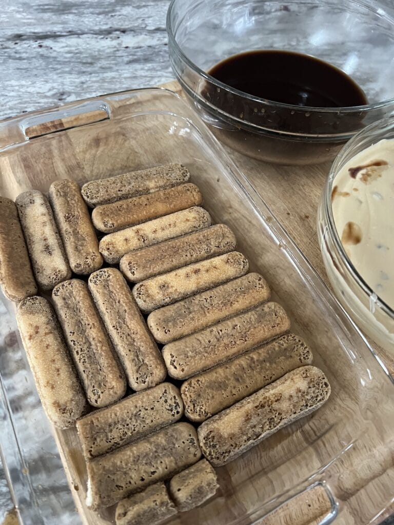 One layer of Italian tiramisu completed in glass dish.
