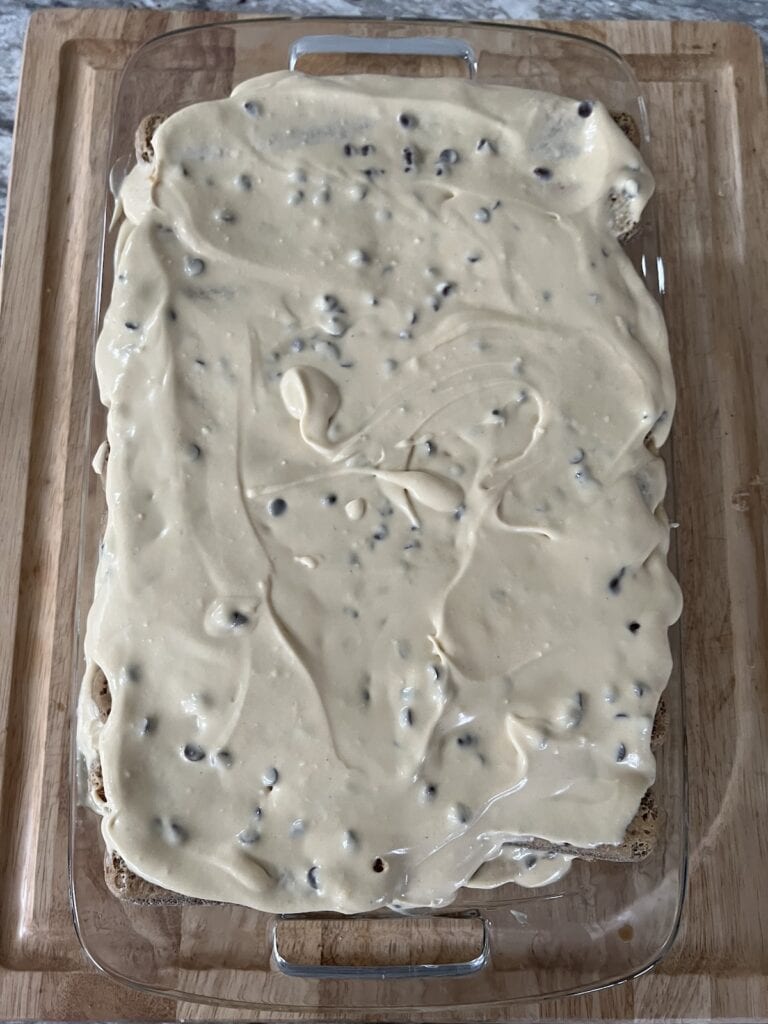 The almost-finished authentic italian tiramisu ready to be refrigerated.