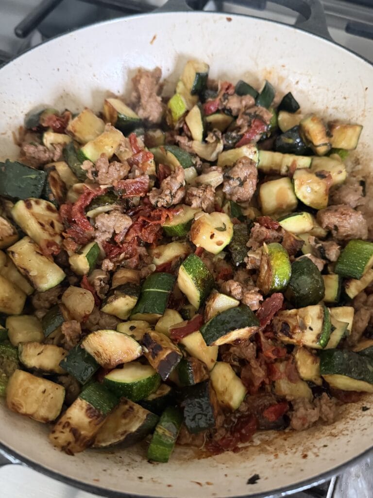 Sauce fro Sausage Zucchini Pasta  ready for cooked pasta.