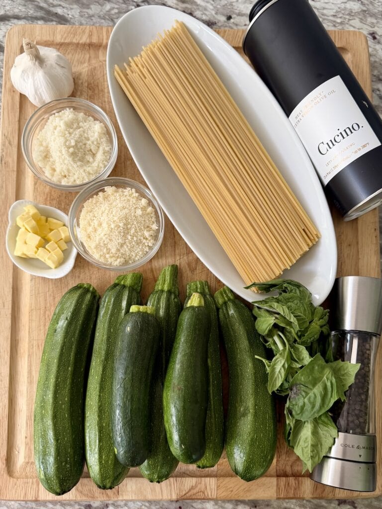 All ingredients for pasta alla nerano recipe authentic on cuting board.