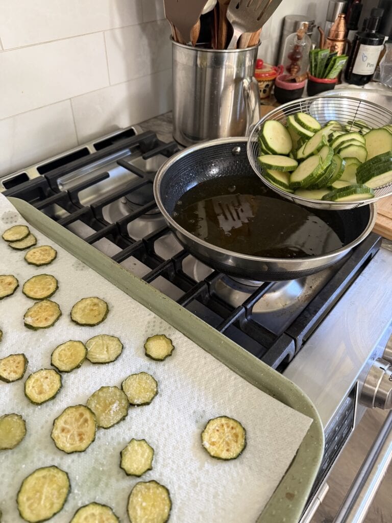 Starting second batch of frying zucchini for Italian Zucchini Pasta.