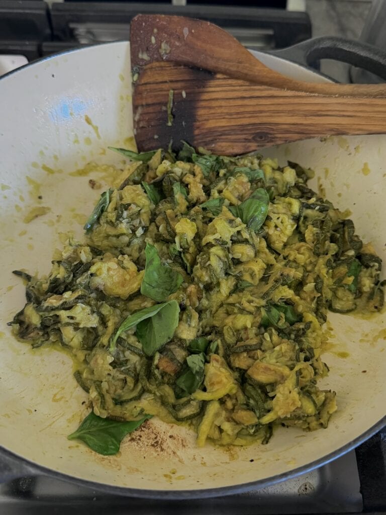 The finished pasta alla nerano zucchini sauce.