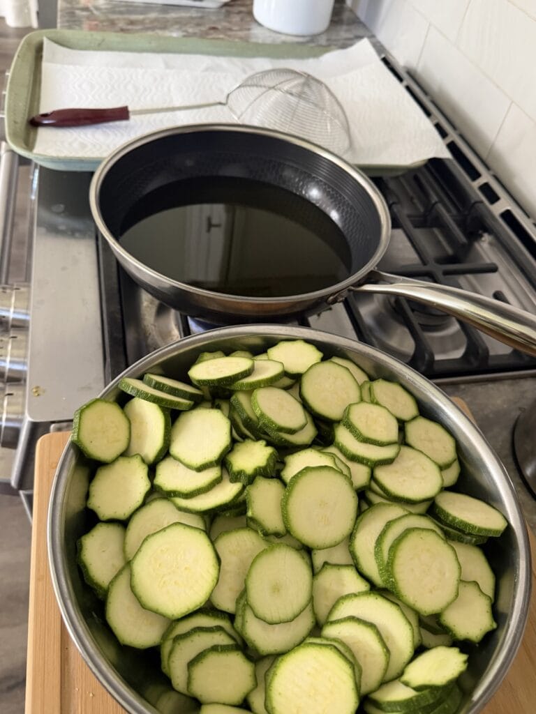Mis-en-place (det up) for the proper frying procedure for pasta nerano.