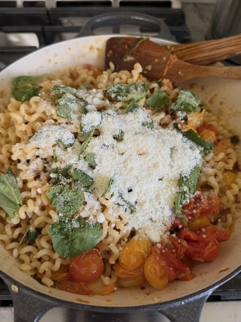 Fresh basil and pecorino cheese added to finished recipe.