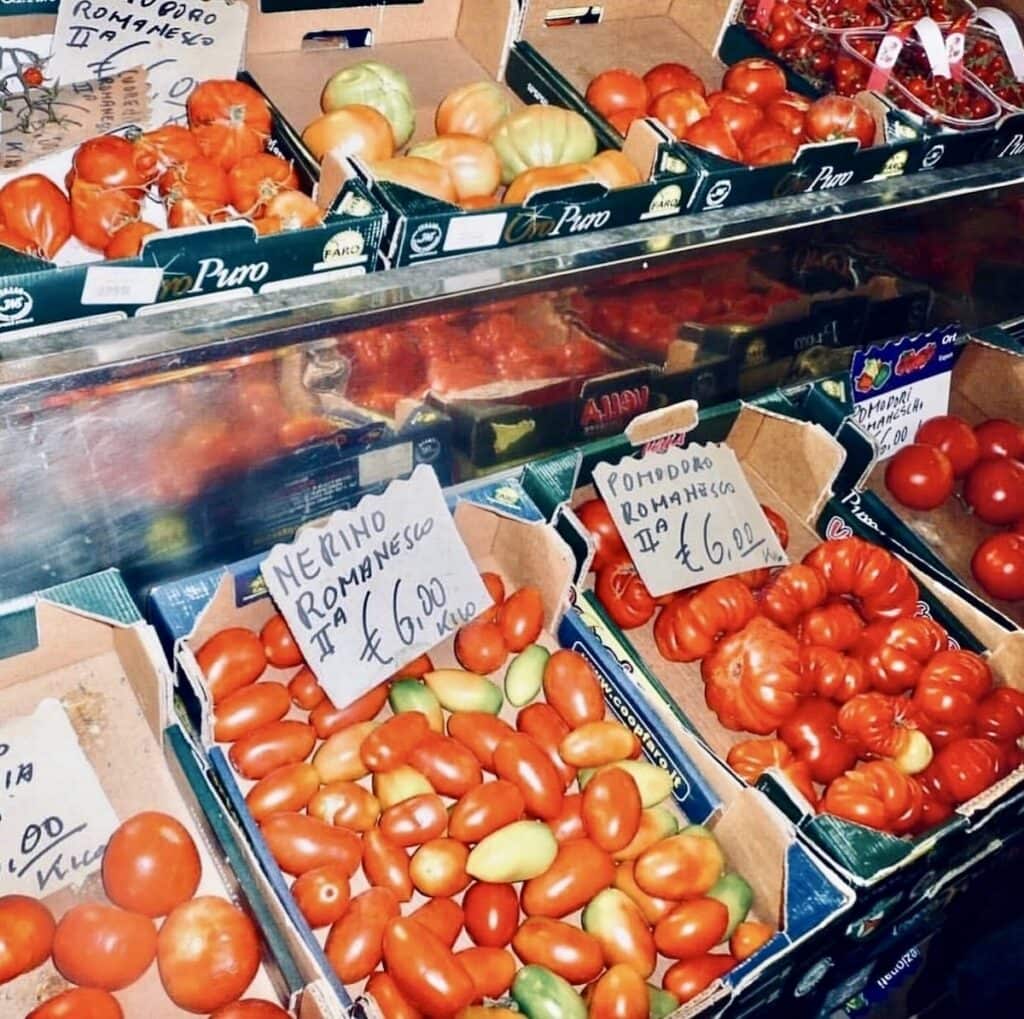 Pictures of tomatoes from the tomato stand in Rome–a huge inspiration for this collection of fresh tomato recipes.