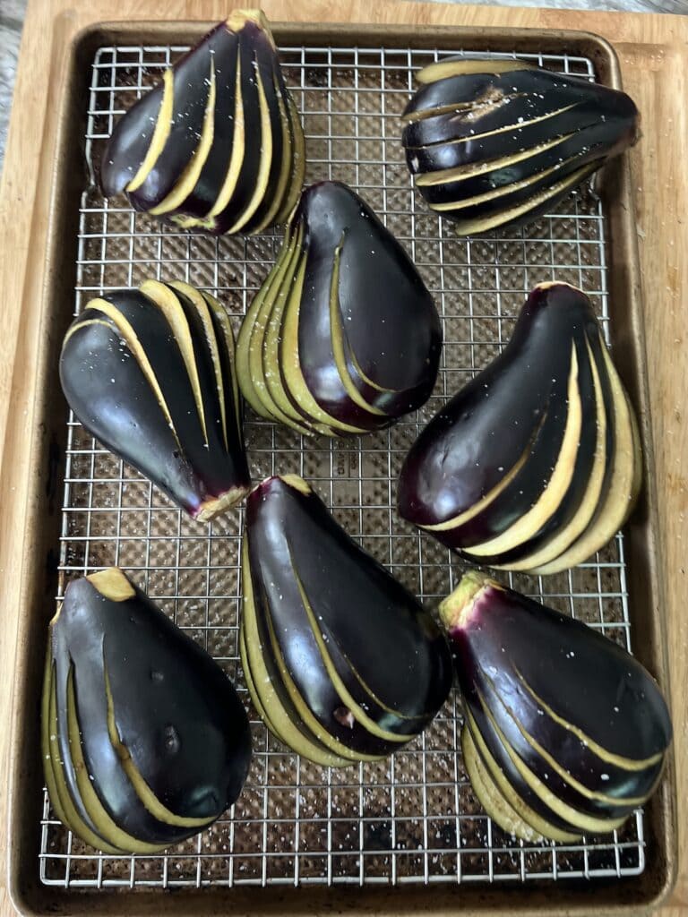 Prepping Italian eggplant for Hasselback eggplant recipe.
