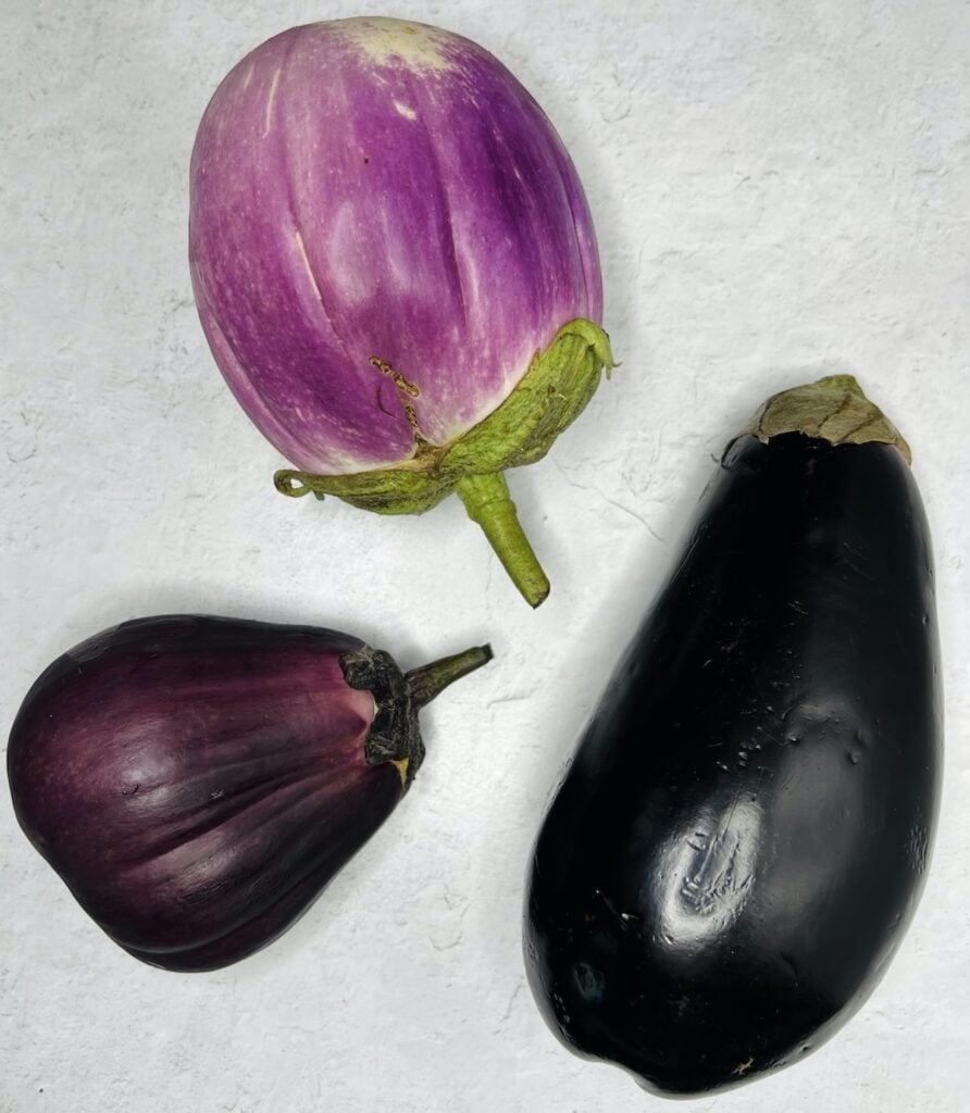 Three different varieties of eggplant.