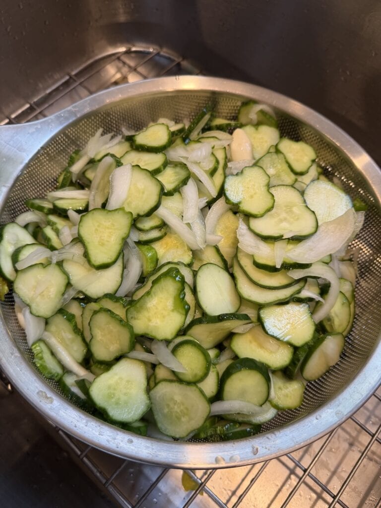 The strained cucumber mixture for easy bread and butter pickles in colander in sink.