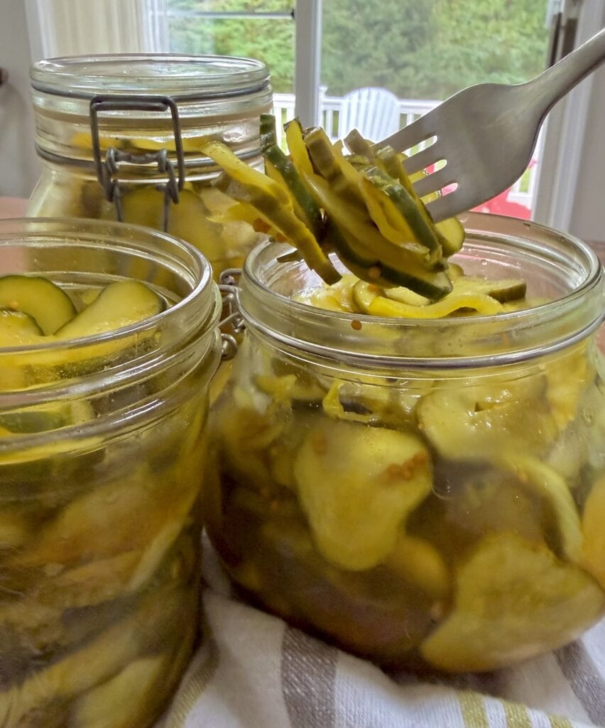Homemade bread and butter pickles on fork over jar of them with 2 more jars in the background.