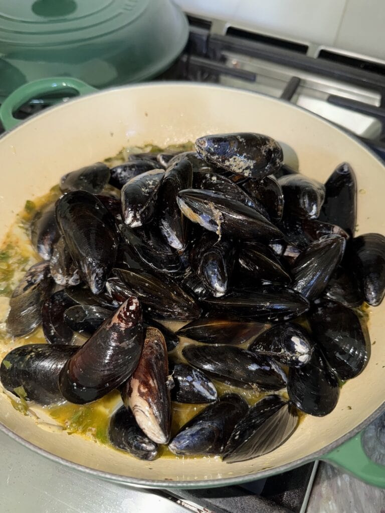 Live mussels just added to pan.
